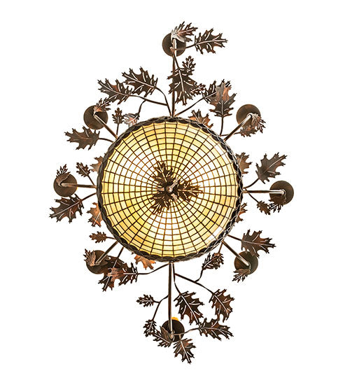 Meyda Lighting Greenbriar Oak 48" 11-Light Old Copper Pot Chandelier With Beige & Brown Stained Shade Glass