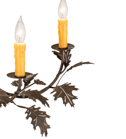 Meyda Lighting Greenbriar Oak 48" 11-Light Old Copper Pot Chandelier With Beige & Brown Stained Shade Glass