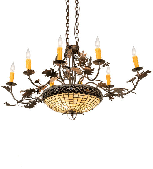 Meyda Lighting Greenbriar Oak 48" 11-Light Old Copper Pot Chandelier With Beige & Brown Stained Shade Glass