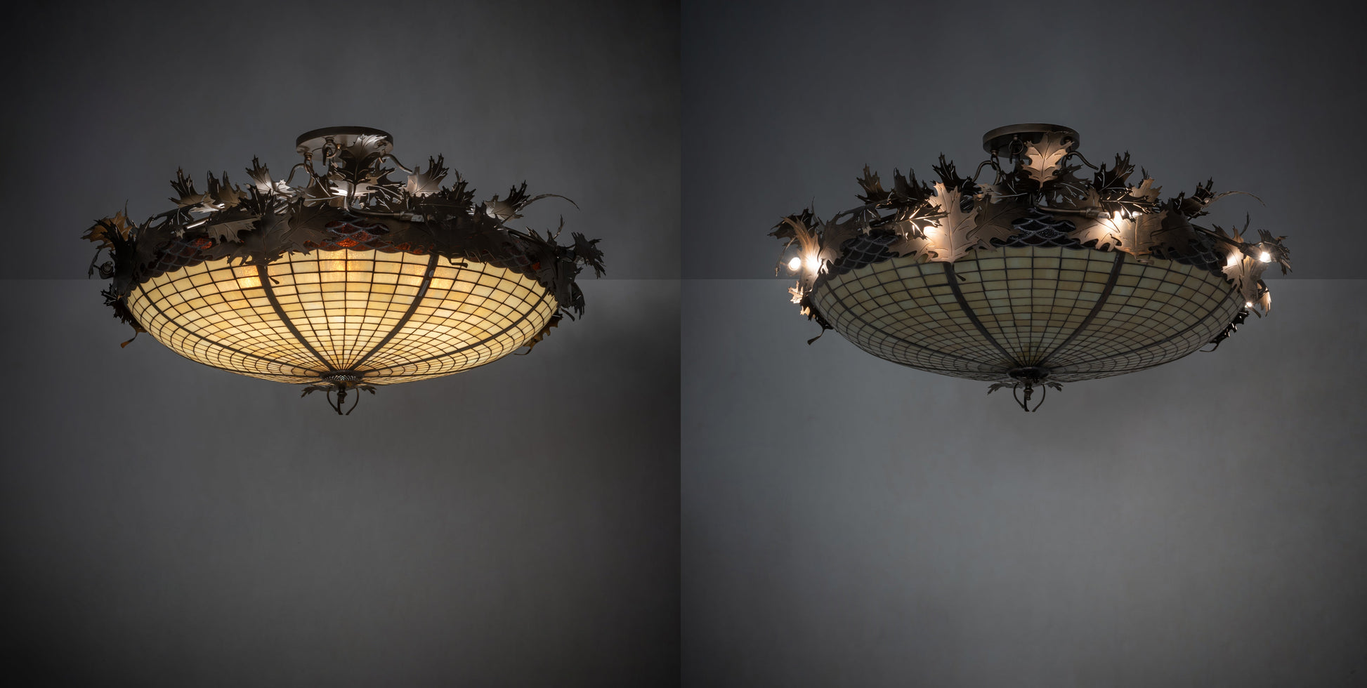 Meyda Lighting Greenbriar Oak 48" 16-Light Antique Copper Semi-flush Mount Light With Beige & Brown Stained Shade Glass