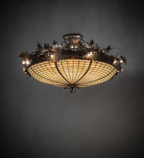 Meyda Lighting Greenbriar Oak 48" 16-Light Antique Copper Semi-flush Mount Light With Beige & Brown Stained Shade Glass