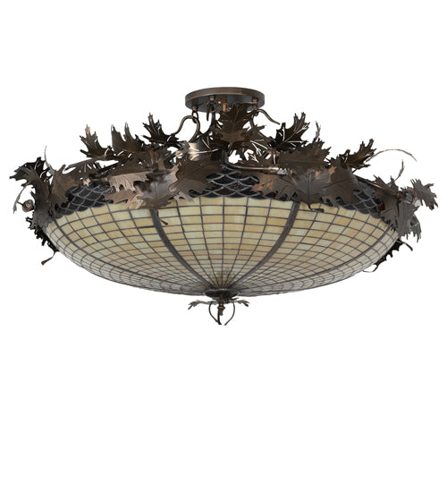 Meyda Lighting Greenbriar Oak 48" 16-Light Antique Copper Semi-flush Mount Light With Beige & Brown Stained Shade Glass