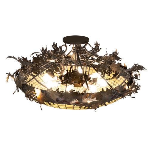 Meyda Lighting Greenbriar Oak 48" 16-Light Antique Copper Semi-flush Mount Light With Beige & Brown Stained Shade Glass