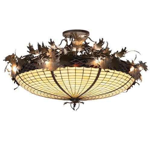 Meyda Lighting Greenbriar Oak 48" 16-Light Antique Copper Semi-flush Mount Light With Beige & Brown Stained Shade Glass