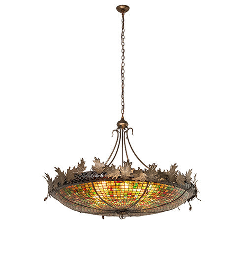 Meyda Lighting Greenbriar Oak 52" 8-Light Antique Copper Inverted Pendant Light With Multi-Colored Shade Glass