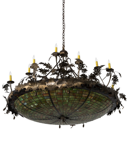 Meyda Lighting Greenbriar Oak 55" 18-Light Antique Copper Inverted Pendant Light With Multi-Colored Shade Glass