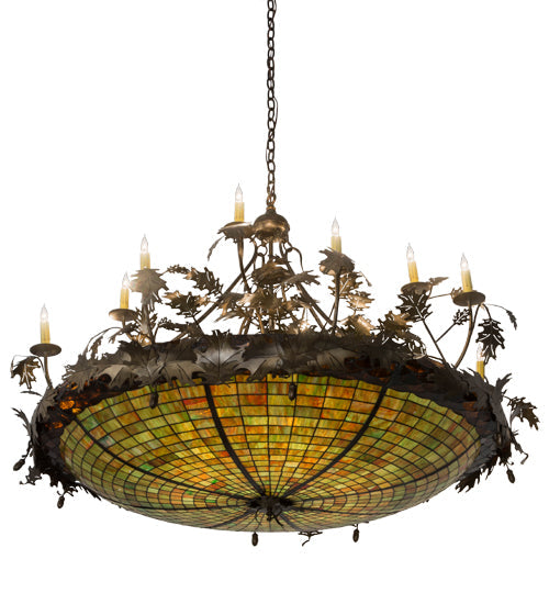 Meyda Lighting Greenbriar Oak 55" 18-Light Antique Copper Inverted Pendant Light With Multi-Colored Shade Glass
