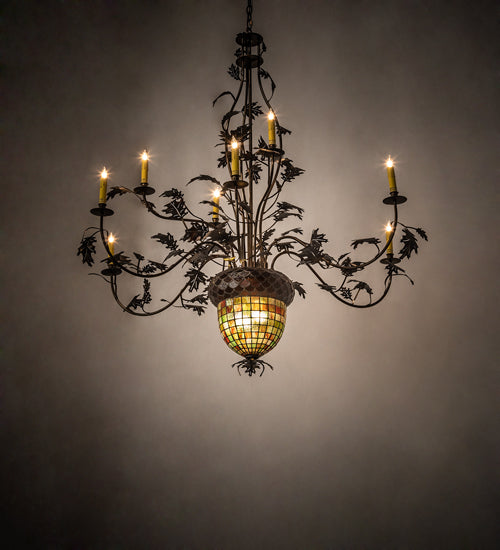 Meyda Lighting Greenbriar Oak 63" 11-Light 9-Arm Dark Burnished Antique Copper Chandelier With Multi-Colored Shade