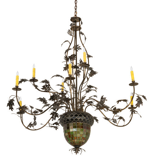 Meyda Lighting Greenbriar Oak 63" 11-Light 9-Arm Dark Burnished Antique Copper Chandelier With Multi-Colored Shade