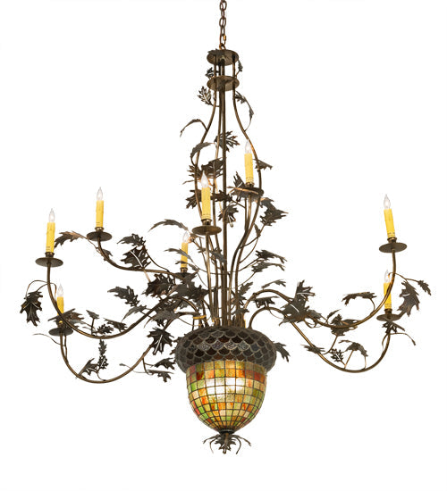Meyda Lighting Greenbriar Oak 63" 11-Light 9-Arm Dark Burnished Antique Copper Chandelier With Multi-Colored Shade