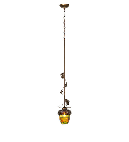Meyda Lighting Greenbriar Oak 7" Antique Copper Mini Pendant Light With Multi-Colored Shade Glass