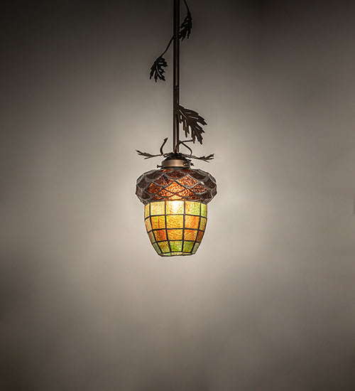 Meyda Lighting Greenbriar Oak 7" Antique Copper Mini Pendant Light With Multi-Colored Shade Glass