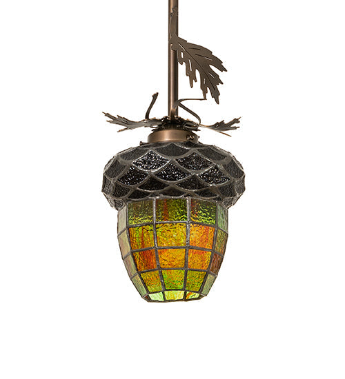 Meyda Lighting Greenbriar Oak 7" Antique Copper Mini Pendant Light With Multi-Colored Shade Glass