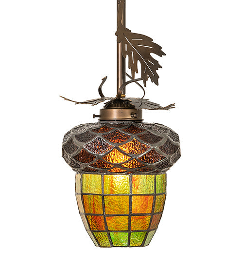 Meyda Lighting Greenbriar Oak 7" Antique Copper Mini Pendant Light With Multi-Colored Shade Glass