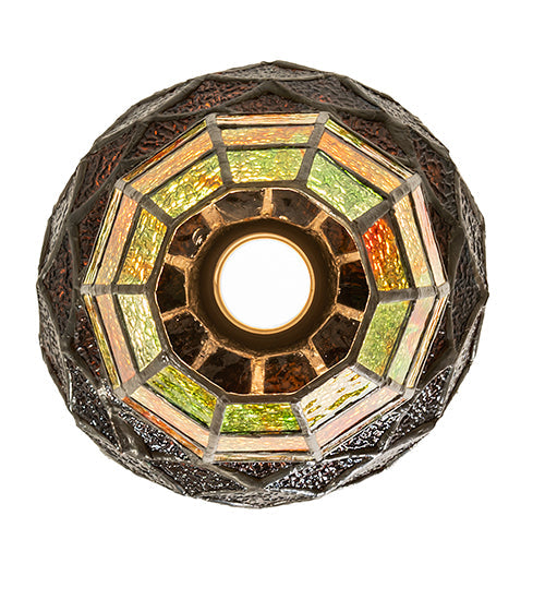 Meyda Lighting Greenbriar Oak 7" Antique Copper Mini Pendant Light With Multi-Colored Shade Glass