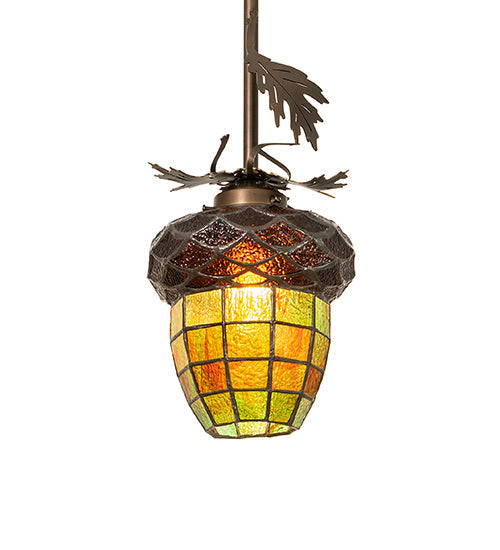 Meyda Lighting Greenbriar Oak 7" Antique Copper Mini Pendant Light With Multi-Colored Shade Glass