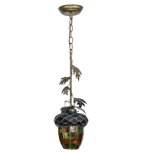 Meyda Lighting Greenbriar Oak 7" Antique Copper Mini Pendant Light With Stained Shade Glass