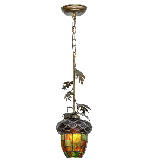 Meyda Lighting Greenbriar Oak 7" Antique Copper Mini Pendant Light With Stained Shade Glass