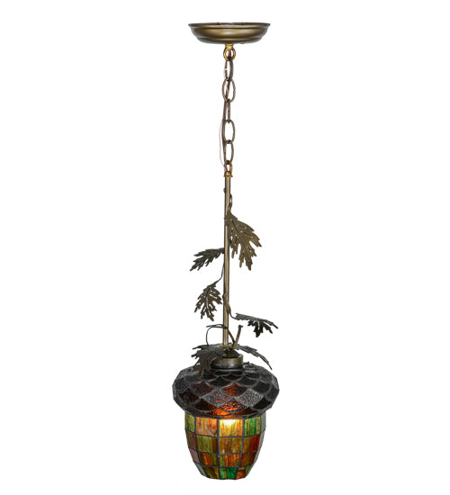 Meyda Lighting Greenbriar Oak 7" Antique Copper Mini Pendant Light With Stained Shade Glass