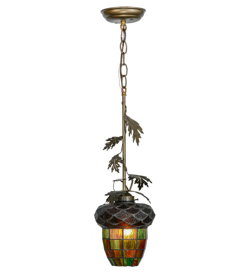 Meyda Lighting Greenbriar Oak 7" Antique Copper Mini Pendant Light With Stained Shade Glass