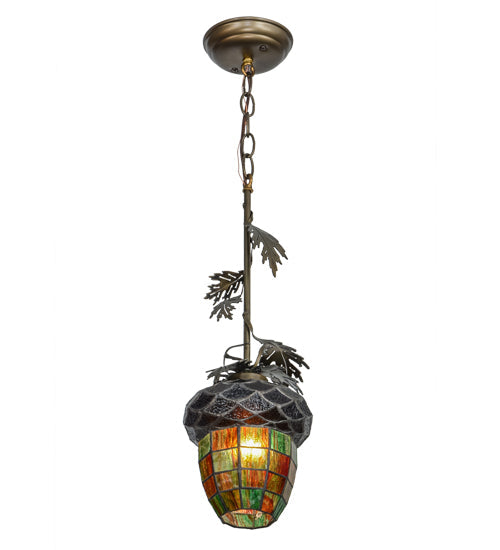 Meyda Lighting Greenbriar Oak 7" Antique Copper Mini Pendant Light With Stained Shade Glass