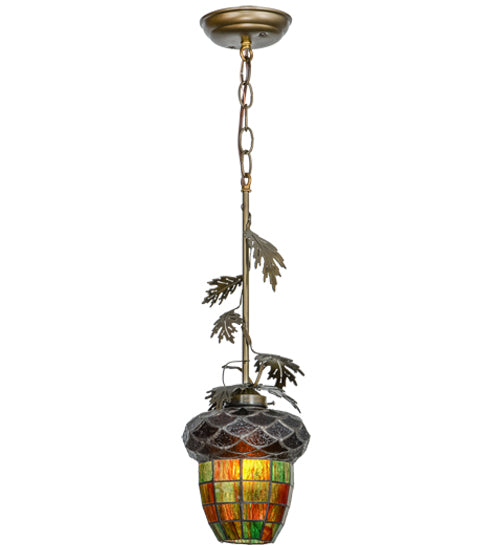Meyda Lighting Greenbriar Oak 7" Antique Copper Mini Pendant Light With Stained Shade Glass