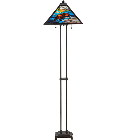 Meyda Lighting Grizzly Bear 63" 2-Light Mahogany Bronze Floor Lamp With Multi-Colored Shade Glass