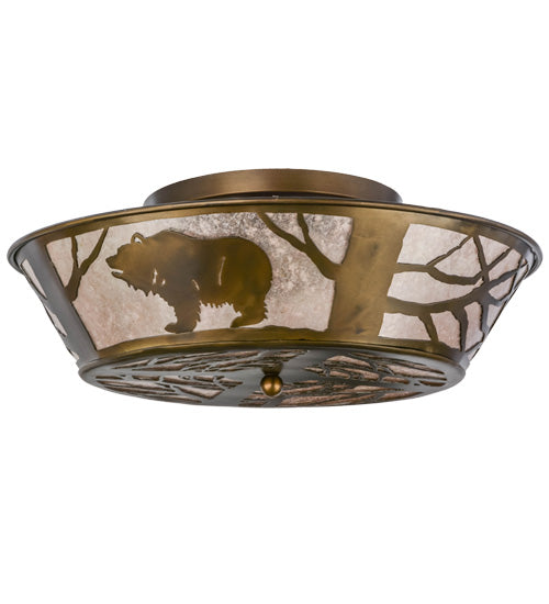 Meyda Lighting Grizzly Bear On The Loose 22" Antique Copper Flushmount With Silver Mica Shade Glass