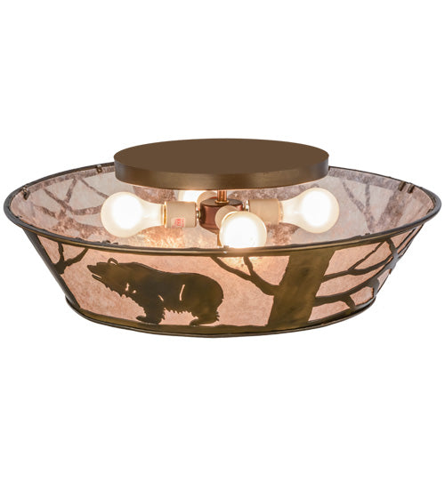 Meyda Lighting Grizzly Bear On The Loose 22" Antique Copper Flushmount With Silver Mica Shade Glass