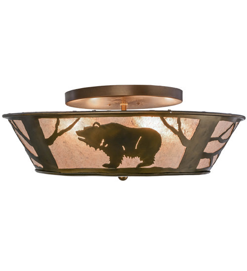 Meyda Lighting Grizzly Bear On The Loose 22" Antique Copper Flushmount With Silver Mica Shade Glass