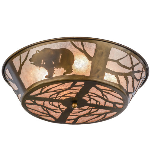 Meyda Lighting Grizzly Bear On The Loose 22" Antique Copper Flushmount With Silver Mica Shade Glass