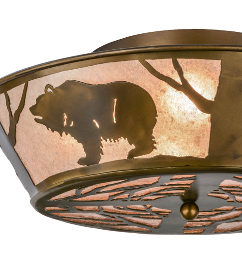 Meyda Lighting Grizzly Bear On The Loose 22" Antique Copper Flushmount With Silver Mica Shade Glass