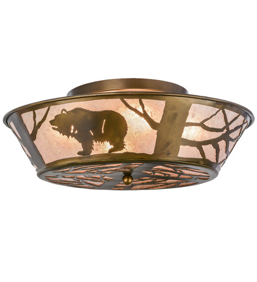 Meyda Lighting Grizzly Bear On The Loose 22" Antique Copper Flushmount With Silver Mica Shade Glass