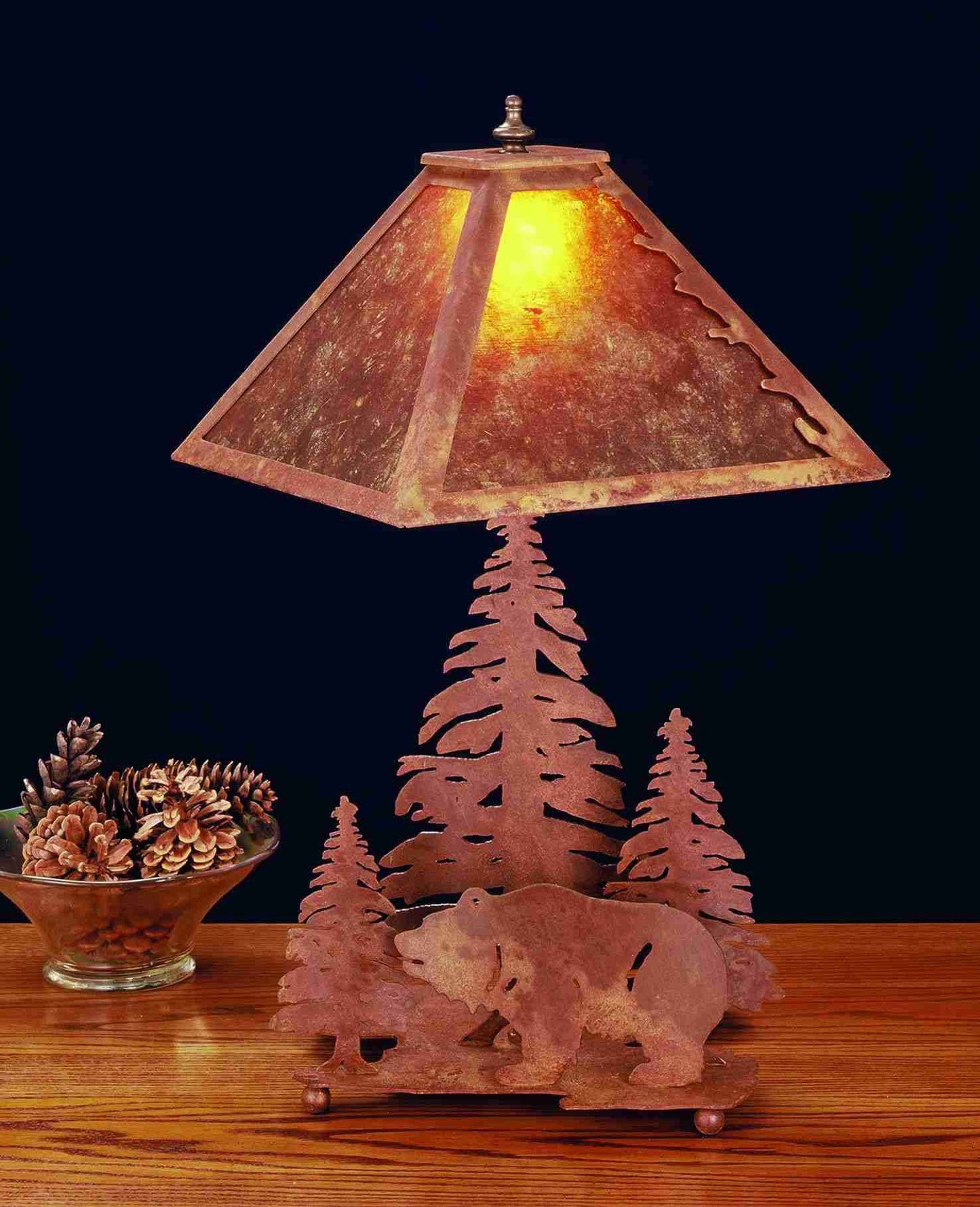 Meyda Lighting Grizzly Bear Through the Trees 21" 2-Light Rust Table Lamp With Silver Mica Shade Glass