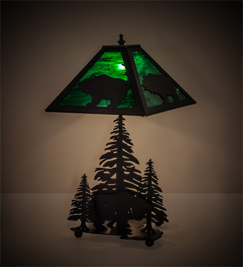 Meyda Lighting Grizzly Bear Through the Trees 21" 2-Light Textured Black Table Lamp With Emerald Green Art Shade Glass