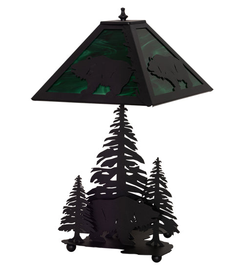 Meyda Lighting Grizzly Bear Through the Trees 21" 2-Light Textured Black Table Lamp With Emerald Green Art Shade Glass