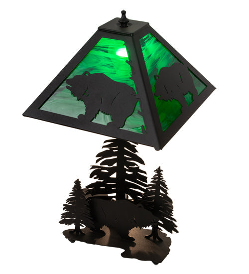Meyda Lighting Grizzly Bear Through the Trees 21" 2-Light Textured Black Table Lamp With Emerald Green Art Shade Glass