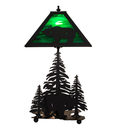 Meyda Lighting Grizzly Bear Through the Trees 21" 2-Light Textured Black Table Lamp With Emerald Green Art Shade Glass