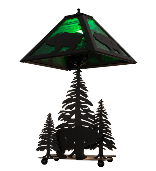 Meyda Lighting Grizzly Bear Through the Trees 21" 2-Light Textured Black Table Lamp With Emerald Green Art Shade Glass