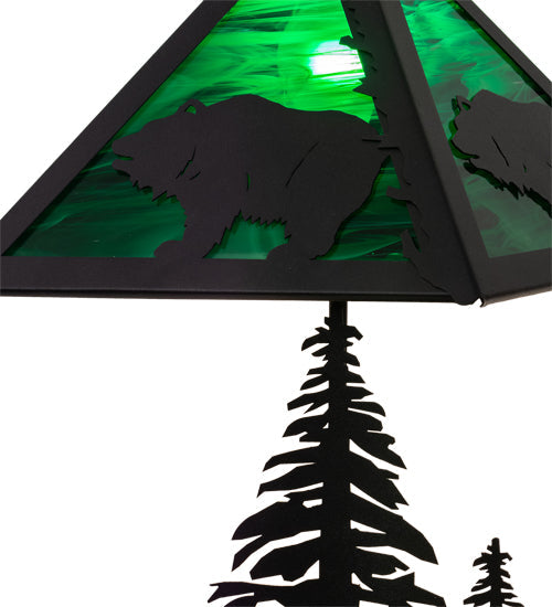Meyda Lighting Grizzly Bear Through the Trees 21" 2-Light Textured Black Table Lamp With Emerald Green Art Shade Glass