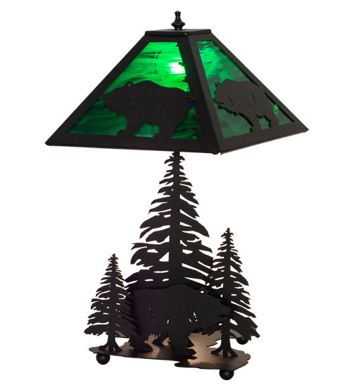 Meyda Lighting Grizzly Bear Through the Trees 21" 2-Light Textured Black Table Lamp With Emerald Green Art Shade Glass