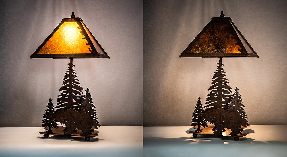 Meyda Lighting Grizzly Bear Through the Trees 22" 2-Light Rust Table Lamp With Amber Mica Shade Glass