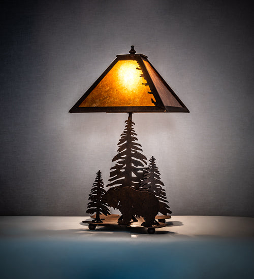 Meyda Lighting Grizzly Bear Through the Trees 22" 2-Light Rust Table Lamp With Amber Mica Shade Glass
