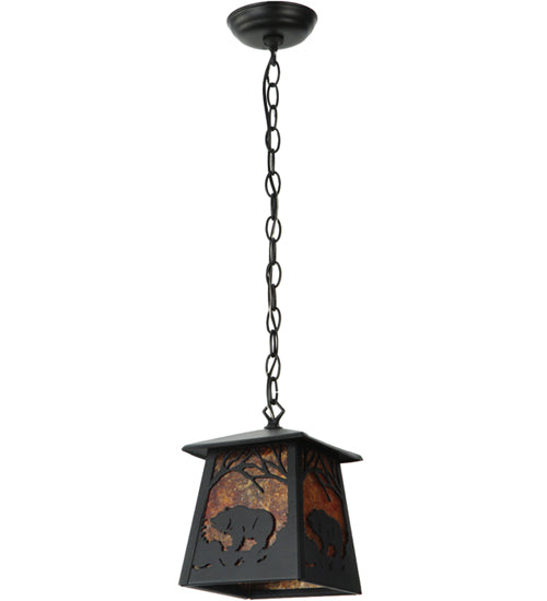 Meyda Lighting Grizzly Bear at Dawn 10" Textured Black Mini Pendant Light With Amber Mica Shade Glass
