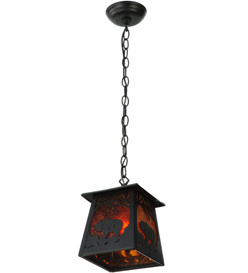 Meyda Lighting Grizzly Bear at Dawn 10" Textured Black Mini Pendant Light With Amber Mica Shade Glass