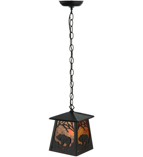Meyda Lighting Grizzly Bear at Dawn 10" Textured Black Mini Pendant Light With Amber Mica Shade Glass