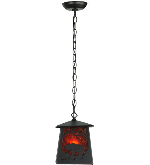 Meyda Lighting Grizzly Bear at Dawn 10" Textured Black Mini Pendant Light With Amber Mica Shade Glass