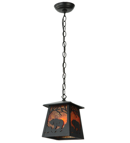 Meyda Lighting Grizzly Bear at Dawn 10" Textured Black Mini Pendant Light With Amber Mica Shade Glass