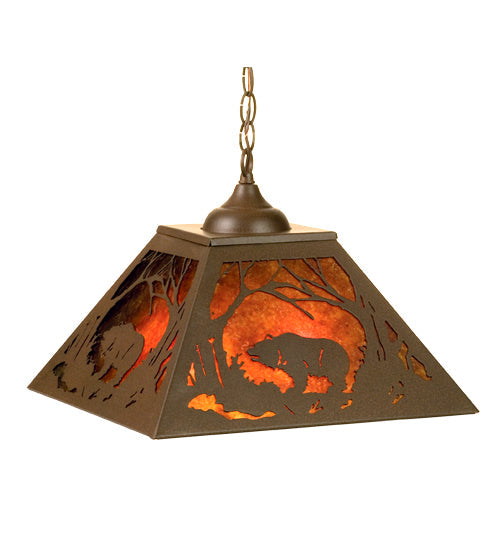 Meyda Lighting Grizzly Bear at Dawn 16"Sq 2-Light Cafe Noir Pendant Light With Amber Mica Shade Glass