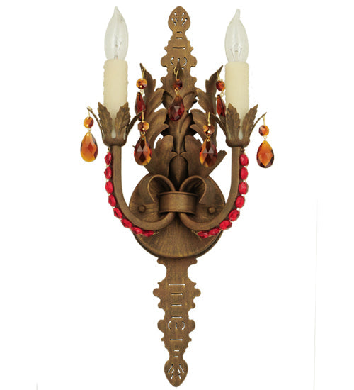 Meyda Lighting Grosetto 9" 2-Light Cortez Gold Wall Sconce With Red And Amber Crystal Shade